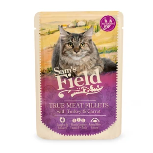 SAM'S FIELD True Meat Fillets, kalkoen en wortel, zakje graanvrij natvoer voor katten, (in jus), 85g
