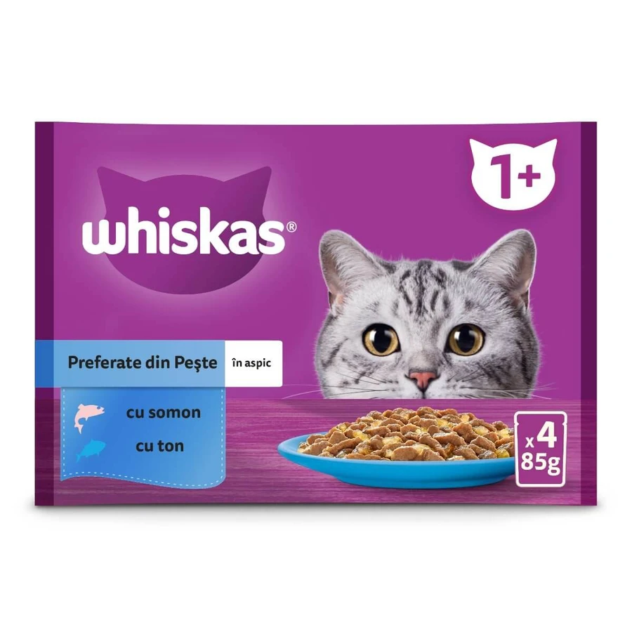 WHISKAS Selections Vis, Zalm en Tonijn, zakje nat kattenvoer, (in aspic), multipack, 85g x 4