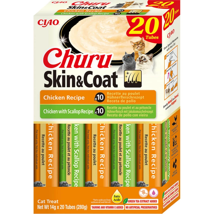 INABA Churu Churu Skin&Coat Variedades de Pollo, Pollo, caja de recompensa sin cereales para gatos, (puré), 280g