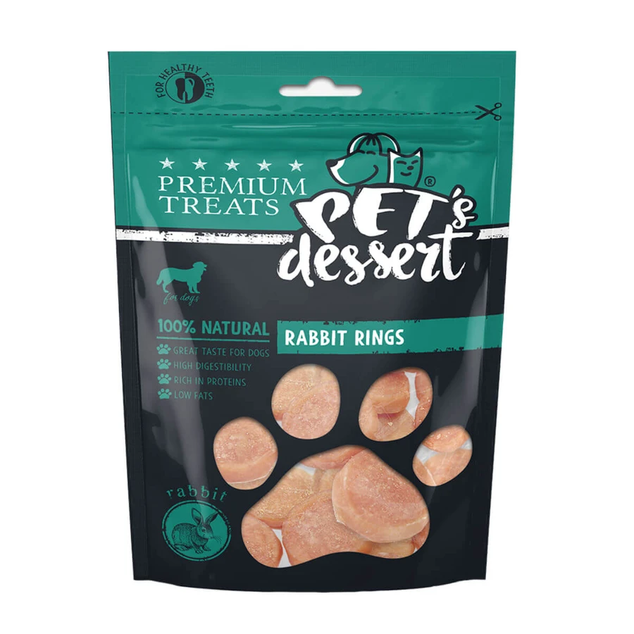 PET'S DESSERT Rings, XS-XL, lapin, sachet récompense sans céréales pour chiens, 80g