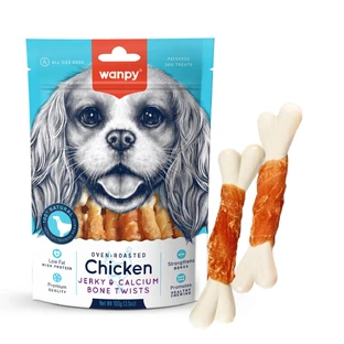 WANPY Jerky y Calcio Bone Twists, XS-M, Pollo, bolsa de recompensa para perros, 100g