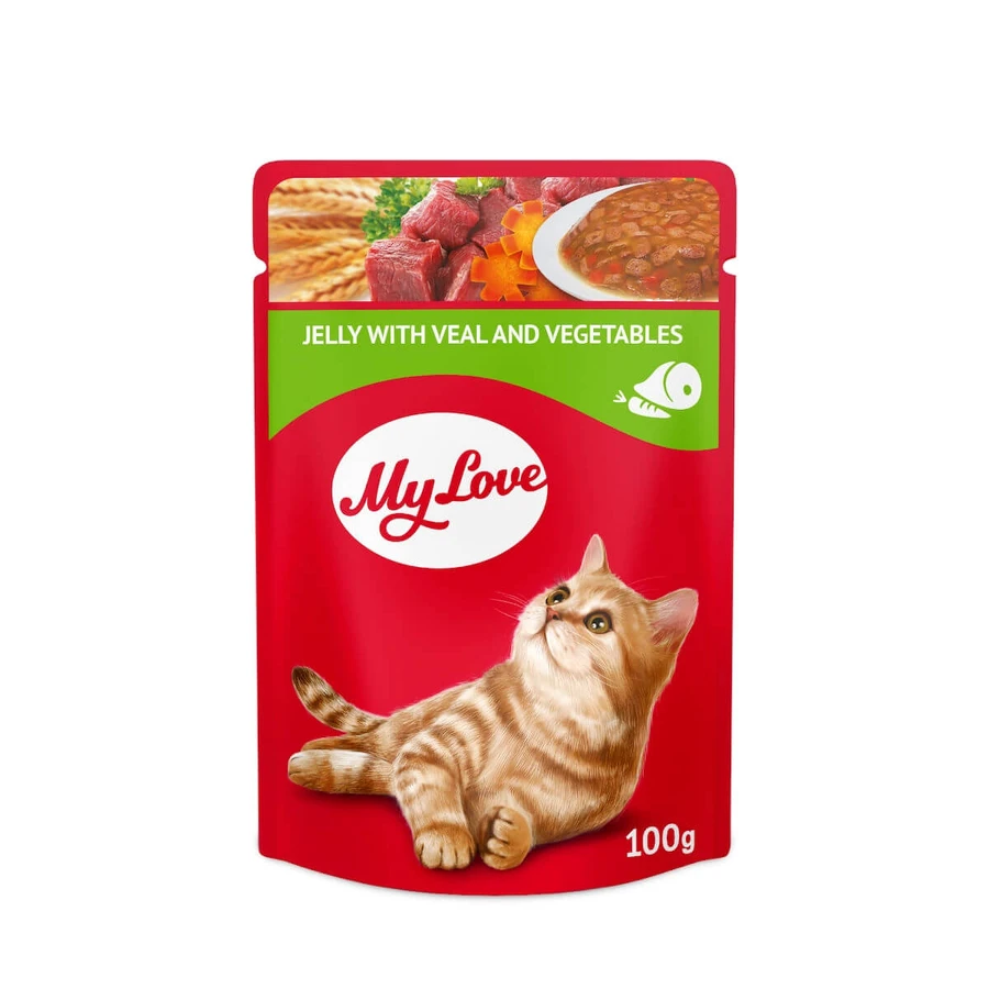 MY LOVE, Carne y Verduras, sobre de comida húmeda para gatos, (en gelatina), 85g