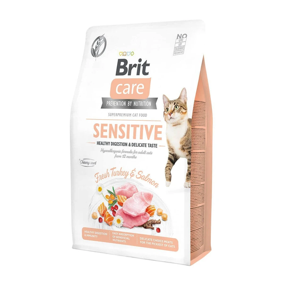BRIT Care Sensitive Healthy Digestion & Delicate Taste, Pavo y Salmón, pienso sin cereales para gatos con sensibilidad digestiva, 400g