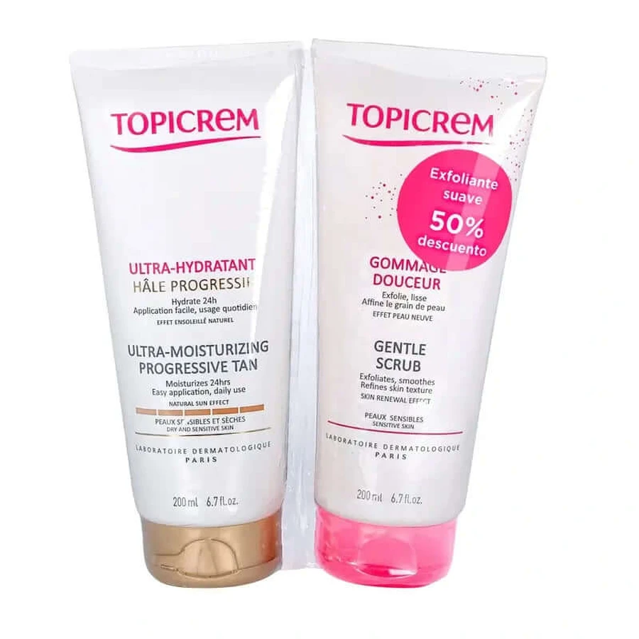 Topicrem Pack bronzage progressif ultra hydratant 200 ml + gommage 200 ml