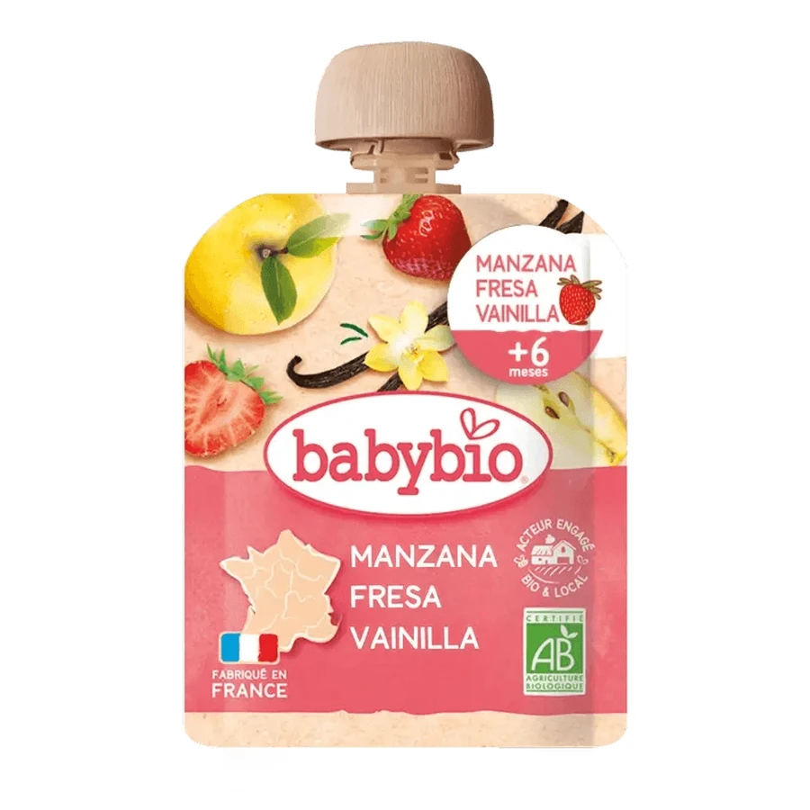Babybio Zakje Appel Aardbei Vanille, 90 gram