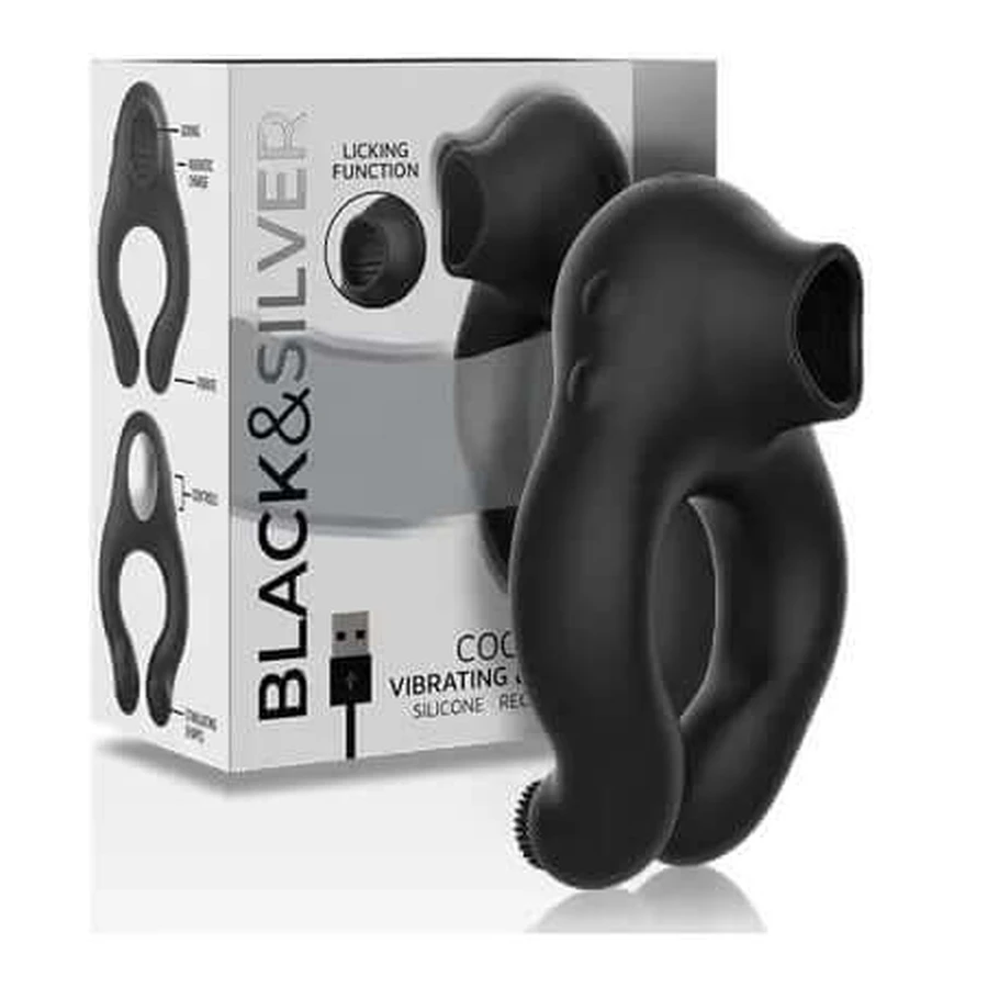 Black&Silver - Vibrationsring aus Silikon mit 3 wiederaufladbaren Motoren Schwarz