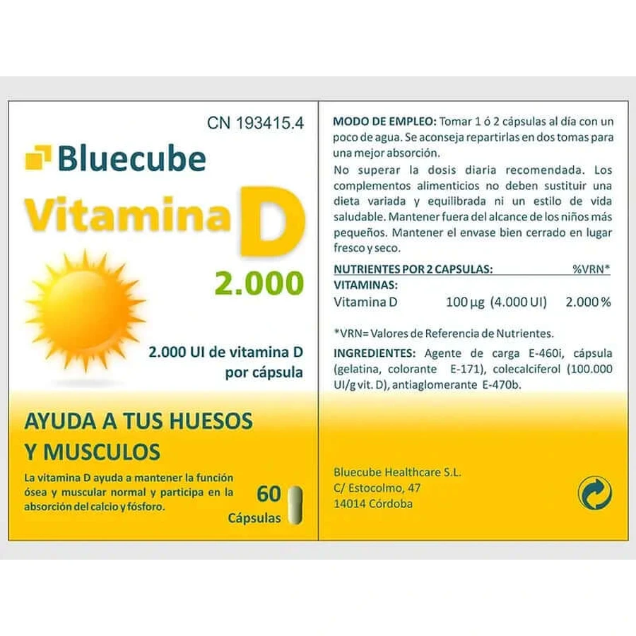 Bluecube Healthcare Vitamine D 2000, 60 gélules