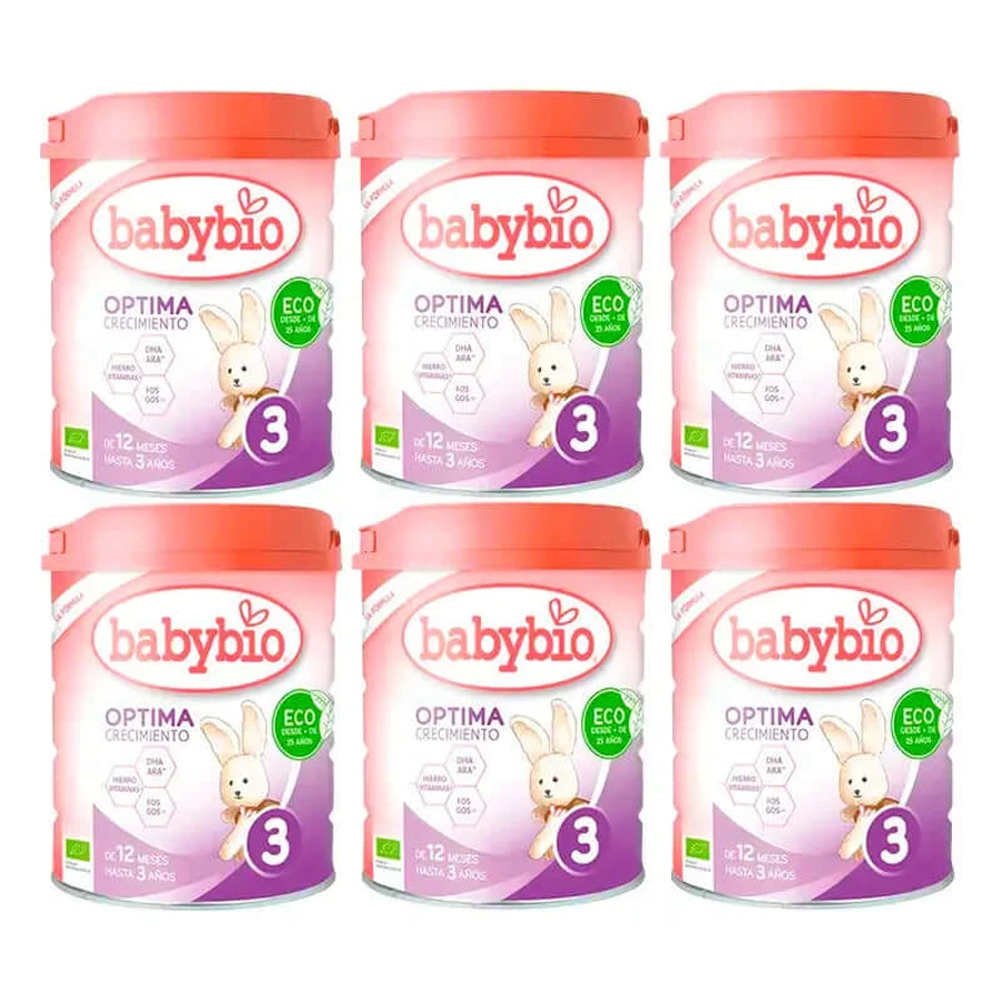 Babybio Optima 3 Leche de Vaca 12-36 Meses, Pack 6 x 800 gr