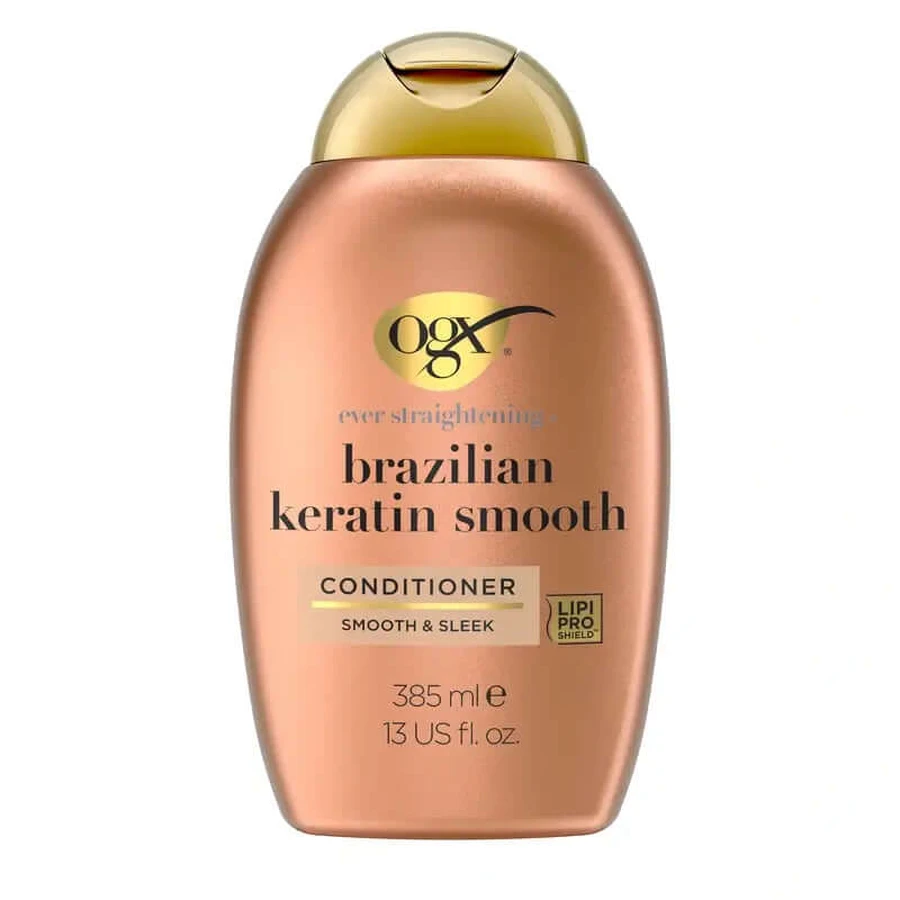 OGX Acondicionador Queratina Brasileña, para Cabellos Ondulados o Rizados, Alisa, Fortalece e Hidrata, 385ml