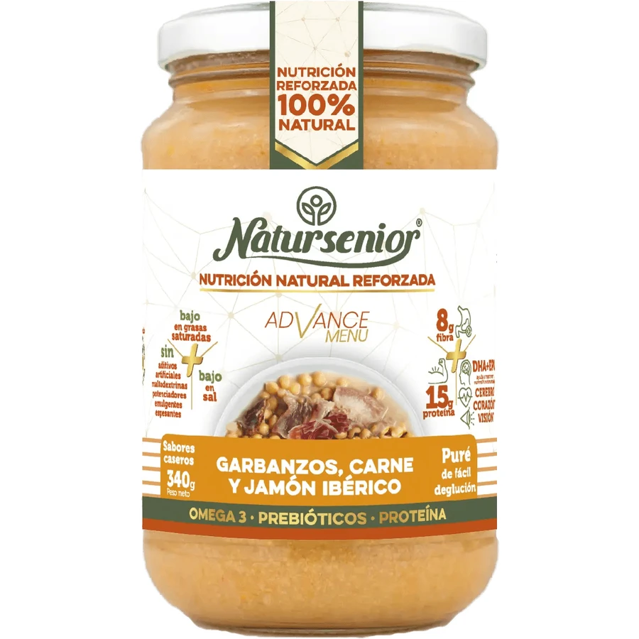 Natursenior Adult Kichererbsenpüree mit Fleisch und iberischem Schinken mit Omega 3 Dha+Epa, Präbiotika und Proteinen. , 340 gr