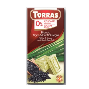 Chocolate blanco con algas y sal marina negra, sin azúcar, 75 g, Torras