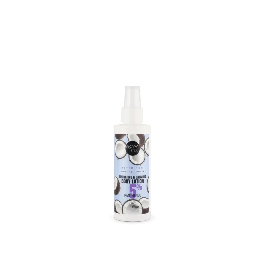 Organic Shop Feuchtigkeitsspendende und beruhigende Körperlotion Aftersun Kokosnuss + Panthenol 5 %, 150 Ml