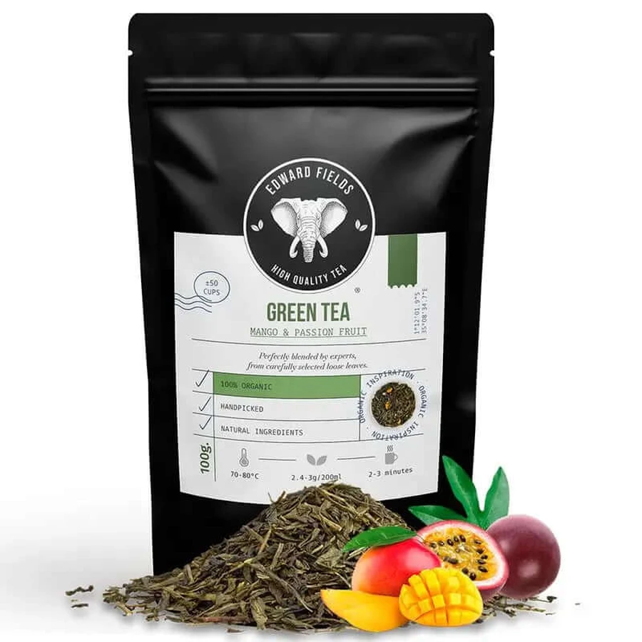 Edward Fields Tea Ceai verde organic în vrac cu mango și fructul pasiunii 50 de cești , 100 de grame