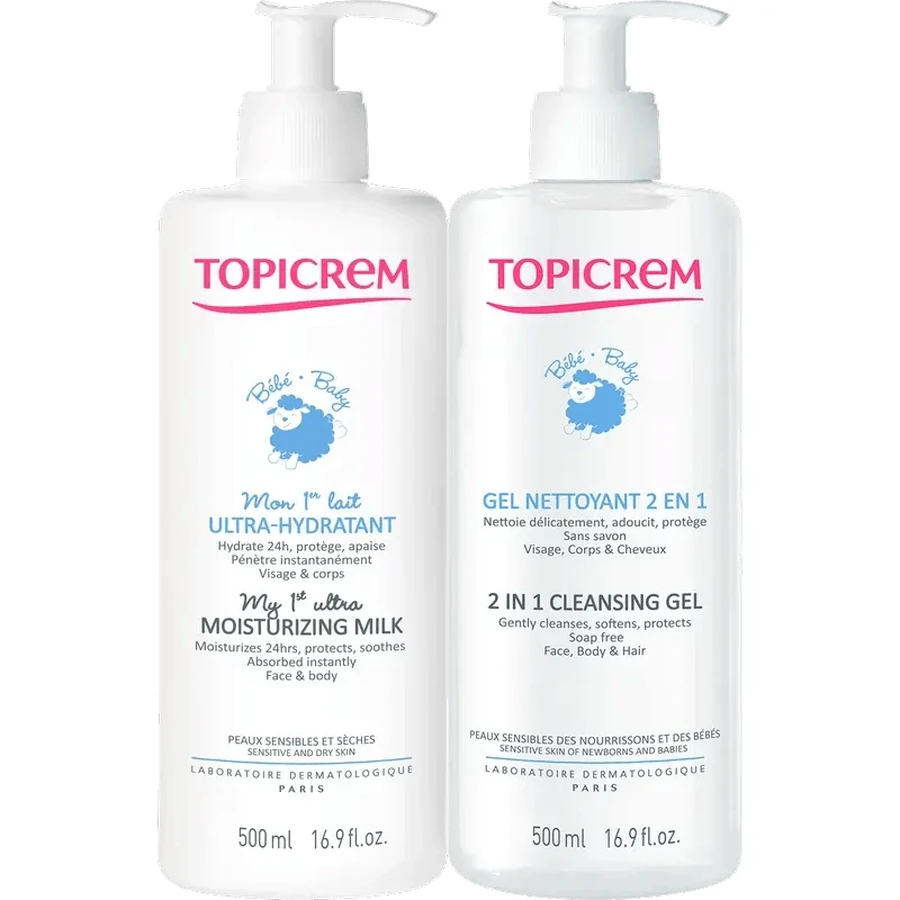Pack Topicrem Baby Lait ultra-hydratant 500 ml + Gel nettoyant 500 ml