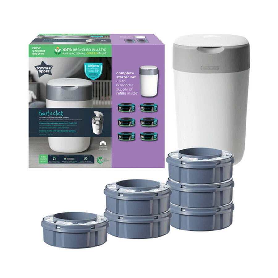 Comprar Cesta Pañales + 6 Recambios Sangenic Twist and Click Reciclable, Blanco con Gris, Tommee Tippee Cesta Pañales + 6 Recambios Sangenic Twist and Click Reciclable, Blanco con Gris, Tommee Tippee