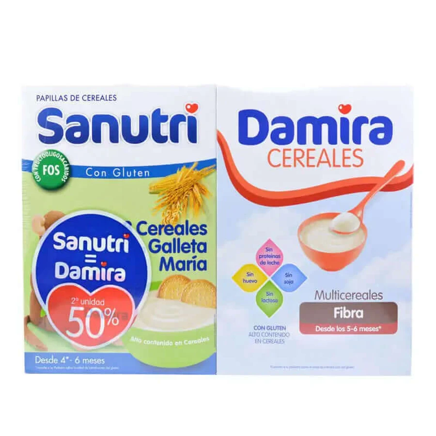 Packung Sanutri 8 Müsli mit Maria Cookie 600 gr + Damira Multicerales Fibra 600 gr