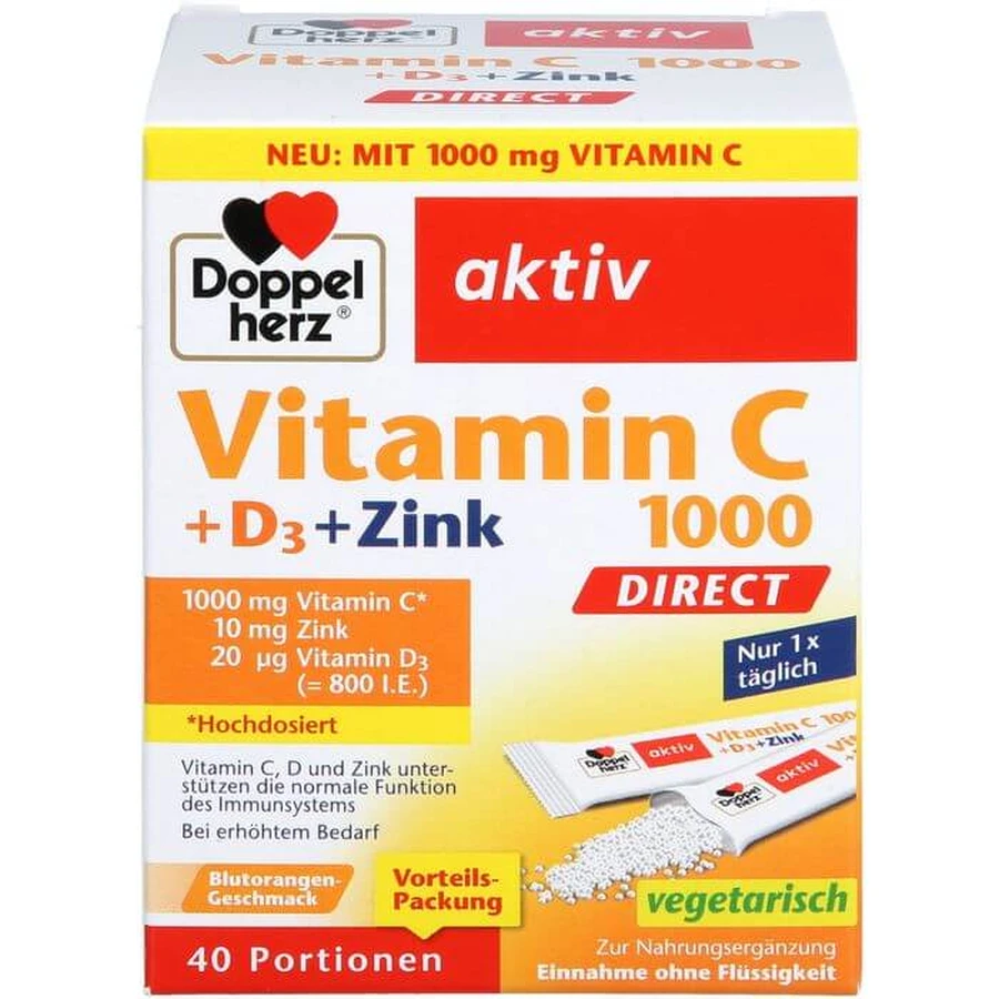 DOPPELHERZ Vitamin C 1000+D3+Zink DIRECT Pellets 40 St.