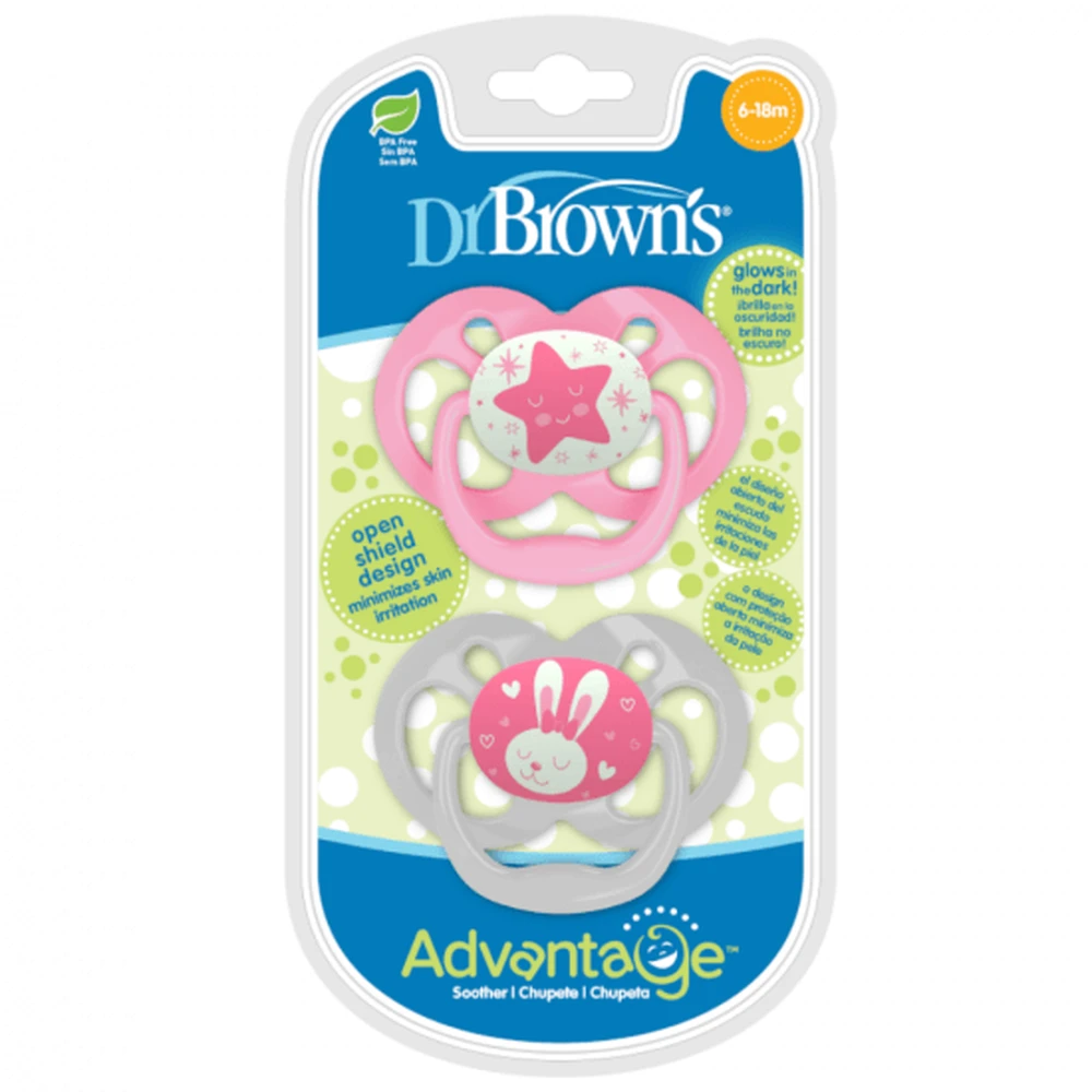 Set of 2 Advantage Pink Silicone Pacifiers with Lid, 6-18 months, Dr Brown`s