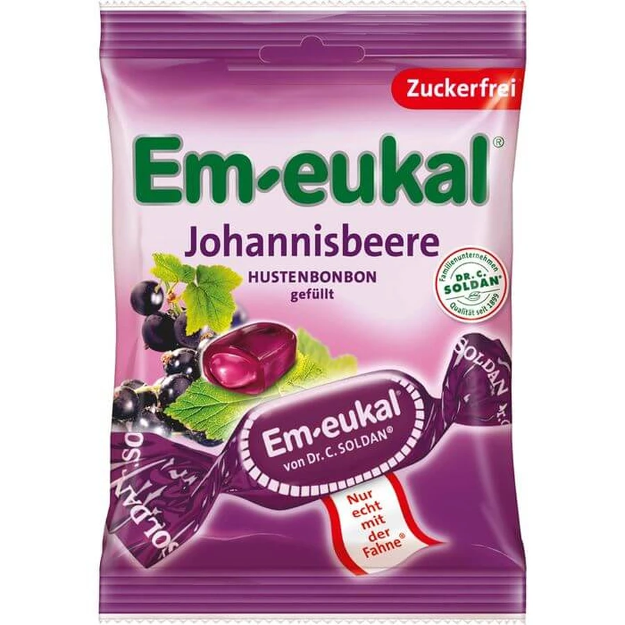 Caramelos EM-EUKAL rellenos de grosella negra, azucarados 75 g