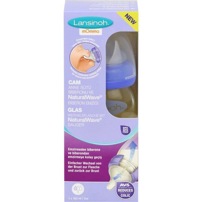 LANSINOH wide neck bottle glass 160 ml with teat S 1 pc.