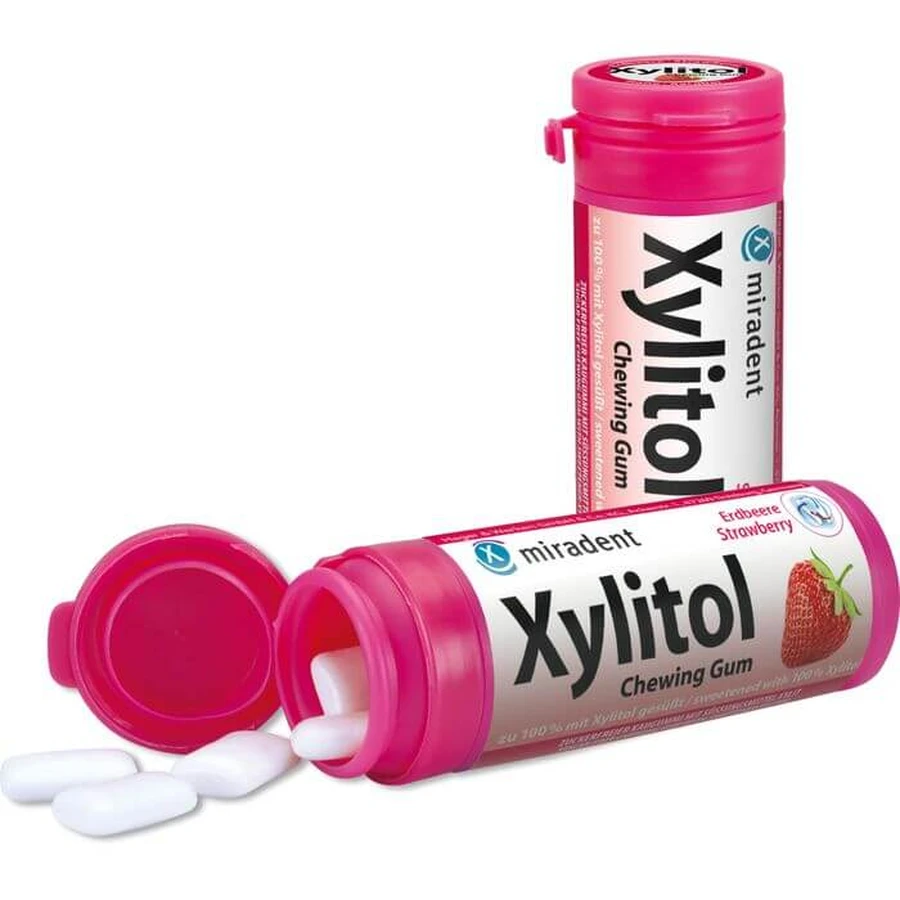 MIRADENT Xylitol kauwgom aardbei 30 g
