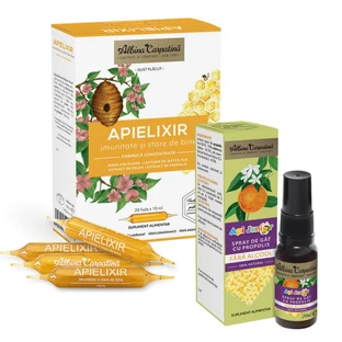 Apielixir paquet immunité et bien-être, 20 ampoules x 10 ml + ApiJunior spray gorge à la propolis, 20 ml, Abeille Carpathia