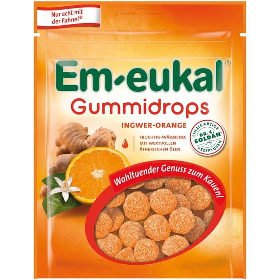 EM-EUKAL kauwgom druppels gember-sinaasappel suiker 90 g