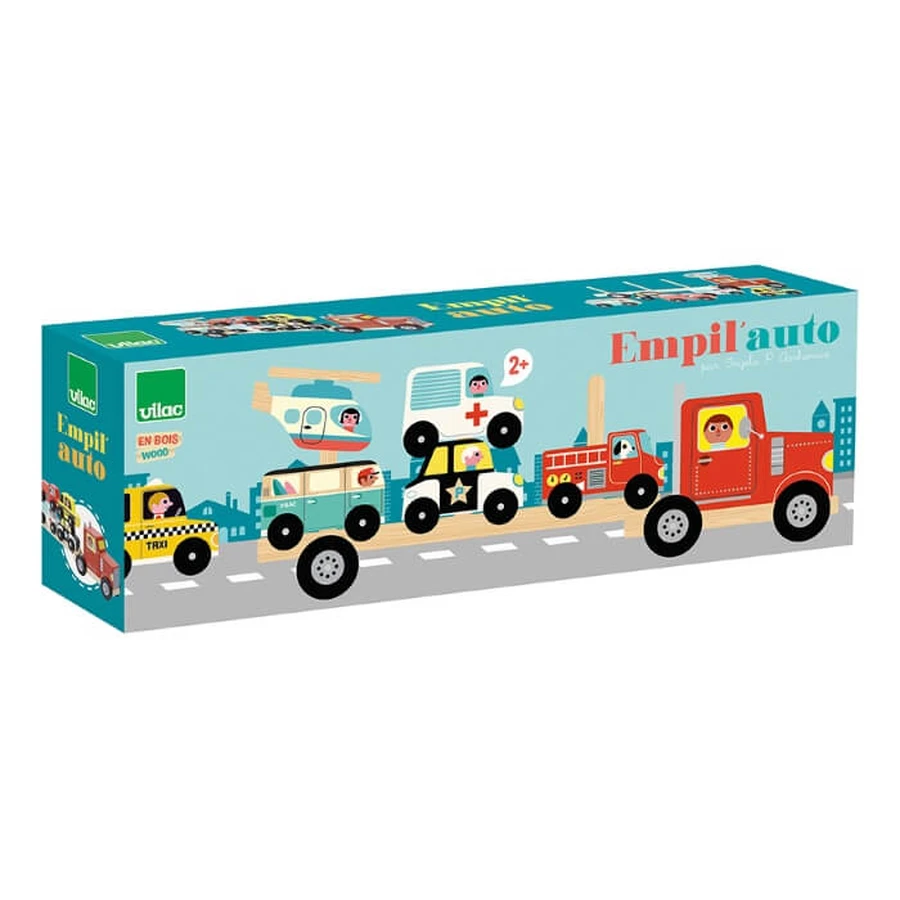 LKW mit Transportfahrzeugen - Stapelspielzeug aus Holz - Vilac
