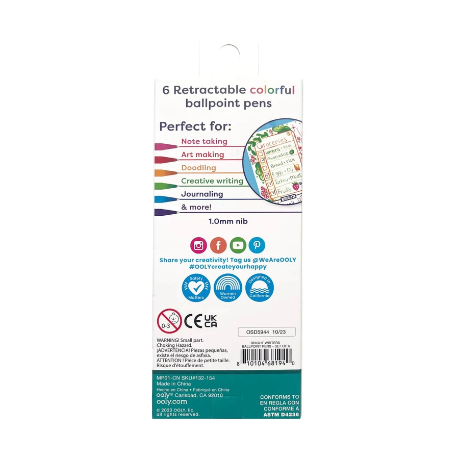 Juego de 6 bolígrafos de colores retráctiles Bright Writers