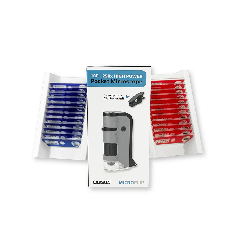 Przenośny mikroskop LED i UV z adapterem do smartfona, zawiera 24 przygotowane szkiełka, powiększenie 100-250x, MicroFlip: ceny i cechy