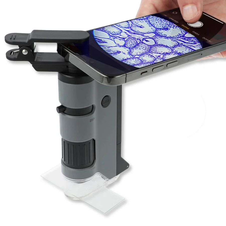 Przenośny mikroskop LED i UV z adapterem do smartfona, zawiera 24 przygotowane szkiełka, powiększenie 100-250x, MicroFlip: ceny i cechy