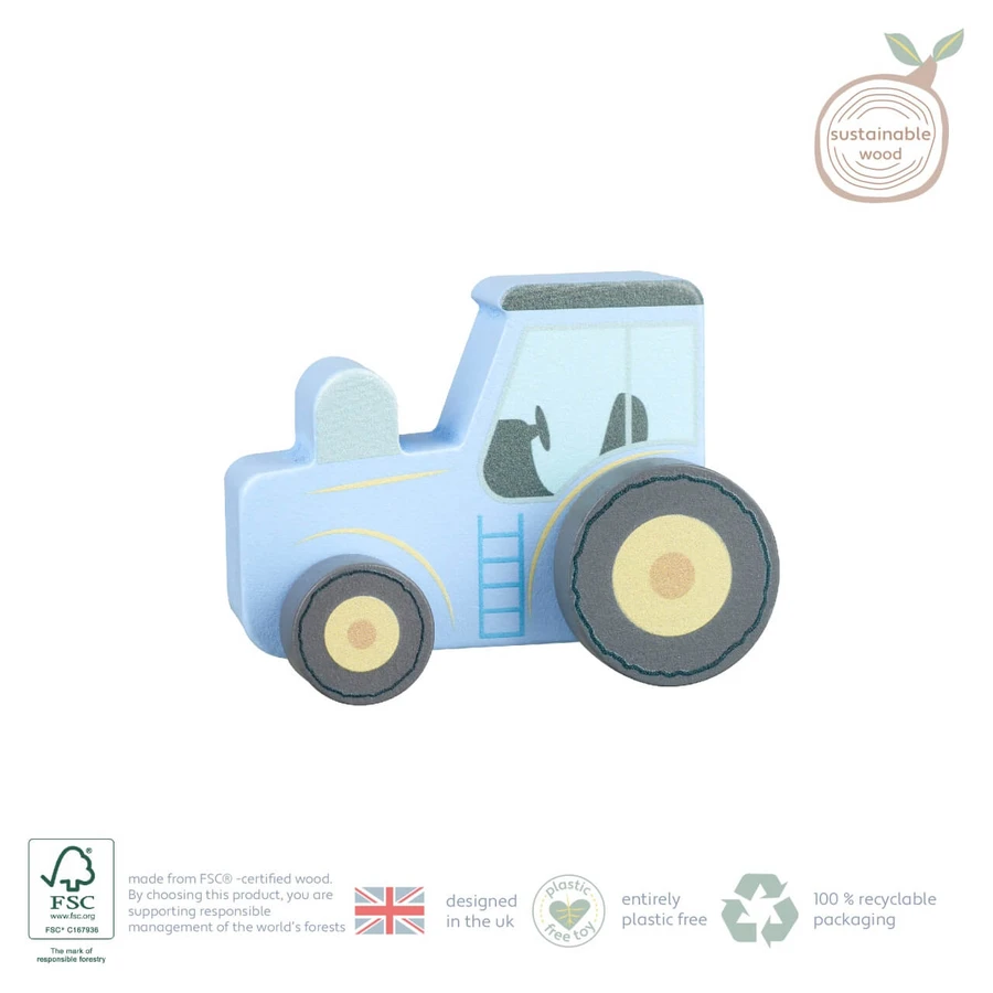 Duwspeelgoed Blauwe houten tractor, Oranje Boom Speelgoed
