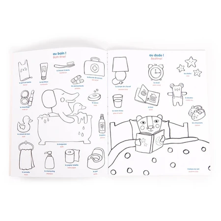 Libro de dibujos con pegatinas Inglés-Francés, Moulin Roty