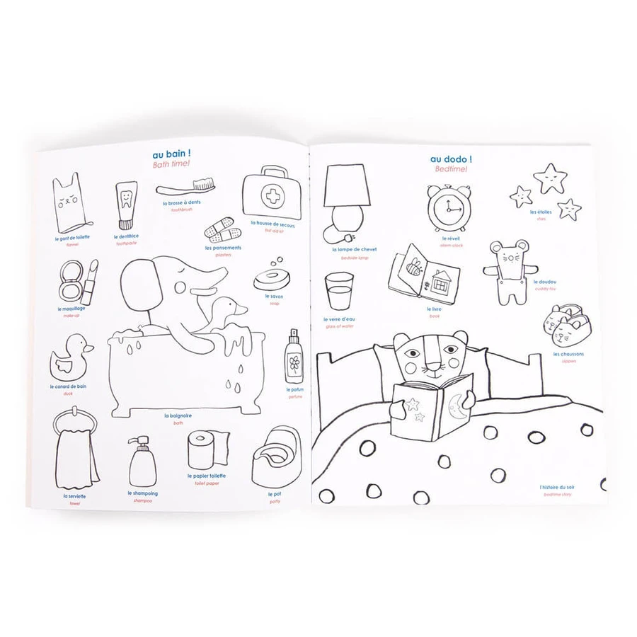 Libro de dibujos con pegatinas Inglés-Francés, Moulin Roty