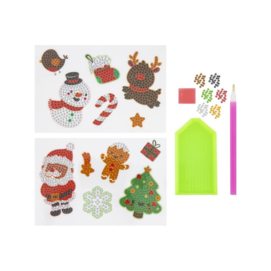 Set creativo con temática navideña, Crea 12 pegatinas navideñas con la técnica de pintura diamante