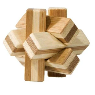 Logisch spel IQ houten bamboe knoop, metalen doos