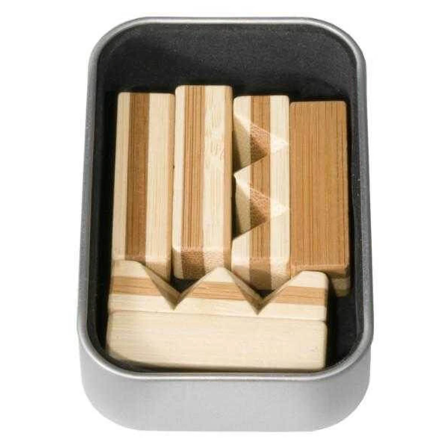 Logisch spel IQ houten bamboe knoop, metalen doos