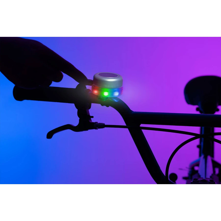 Sonnette de vélo avec lumières LED multicolores, argentée