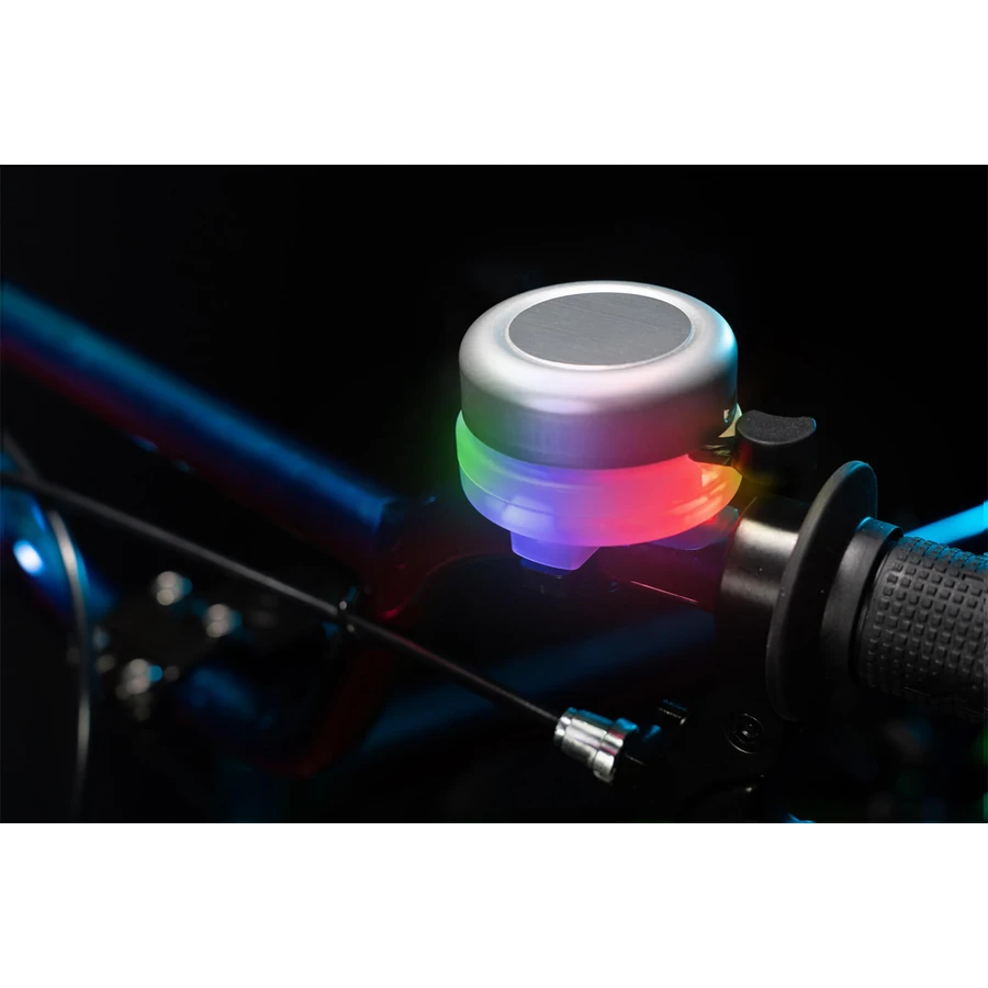 Sonnette de vélo avec lumières LED multicolores, argentée