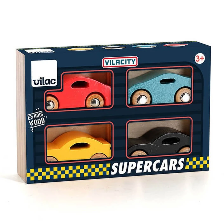 Caja con 4 coches de carreras de madera - Vilac