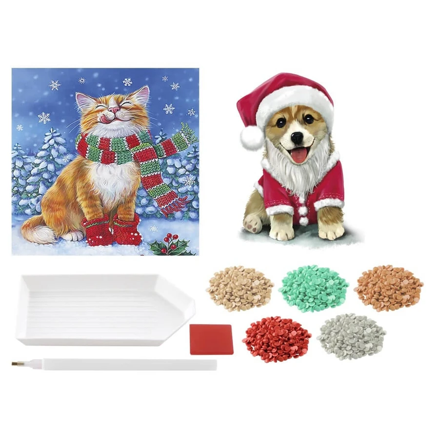 Set creativo DIY, tarjetas de Navidad, gatito y perrito