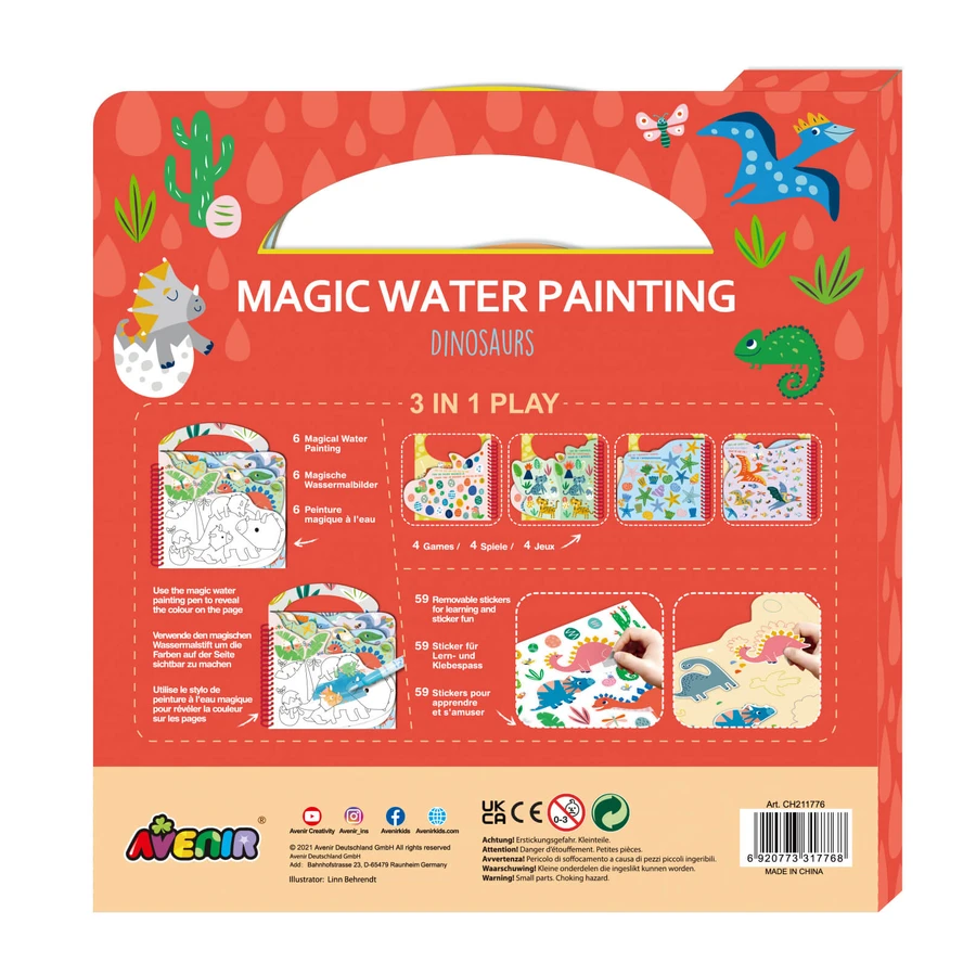 Libro portátil de pintura en acuarela, pegatinas y juegos - Dinosaurios