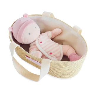 Pluche baby in natuurlijke mand - 28 cm, roze