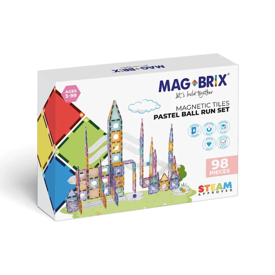 Set magnetic Magblox - 98 piese, circuit cu bile PASTEL - Magbrix Marble Run