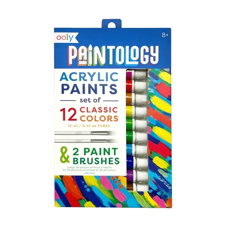 Paintology Acrylfarben-Set, 12 klassische Farben und 2 Pinsel