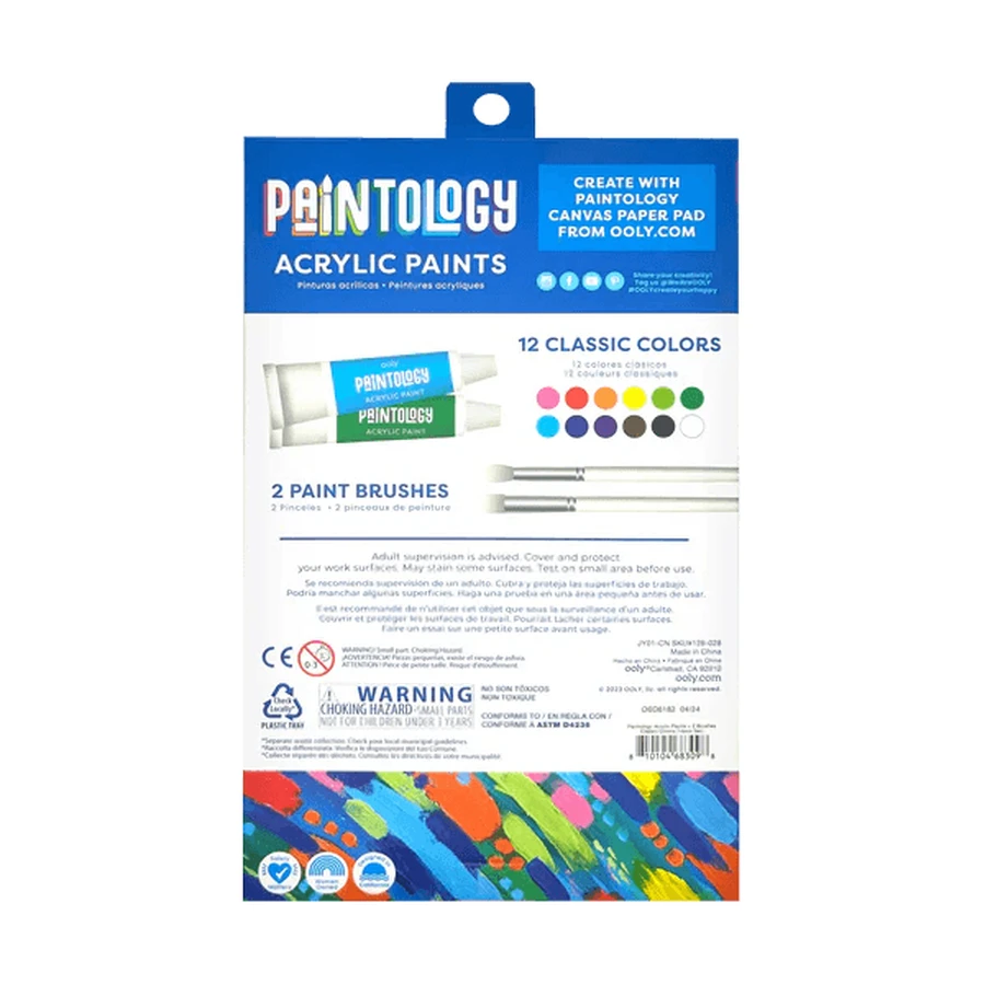Paintology Acrylfarben-Set, 12 klassische Farben und 2 Pinsel
