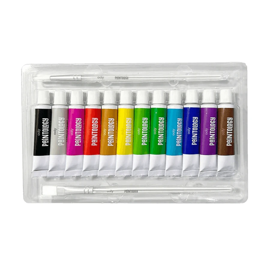 Paintology Acrylfarben-Set, 12 klassische Farben und 2 Pinsel