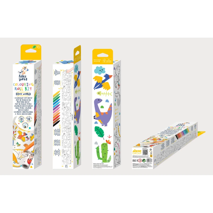 Zeichnungsrollenset 3 m und 12 Buntstifte, Haku Yoka - Dinosaurier