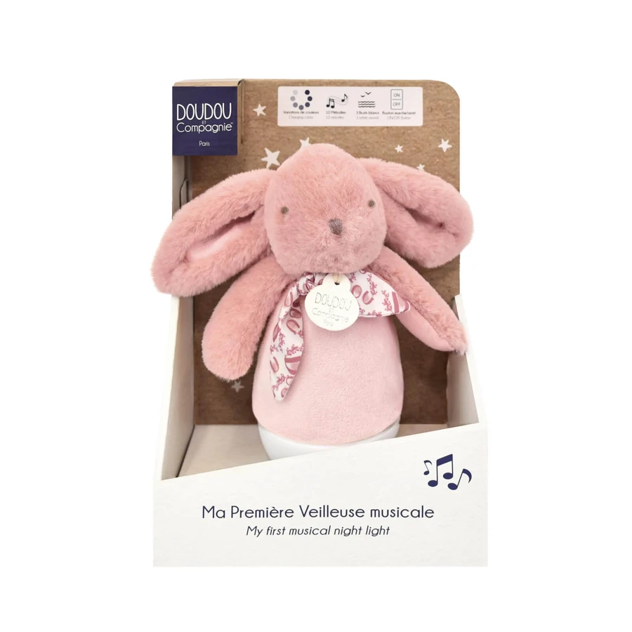 Veioza muzicala iepuras pufos, 16 cm, roz