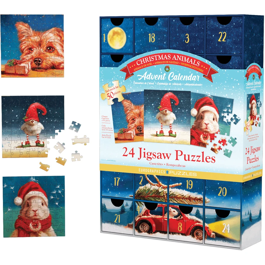Animals and Christmas Advent Calendar, 24 jigsaw puzzles, 50 pieces